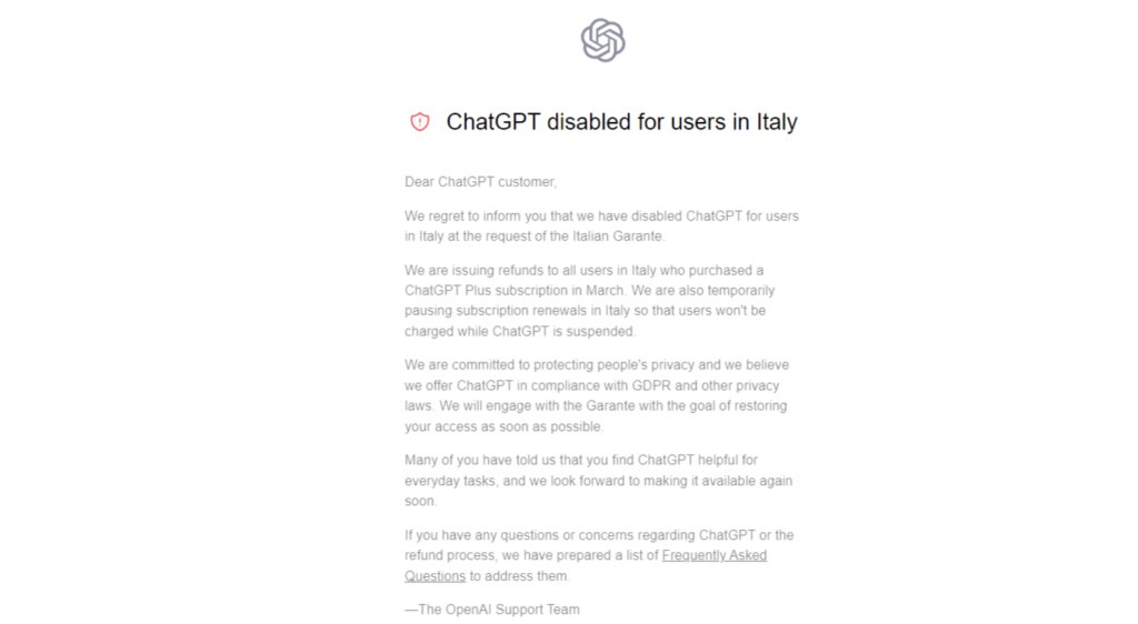 Il testo mostrato da ChatGPT agli utenti che si collegano dall'Italia