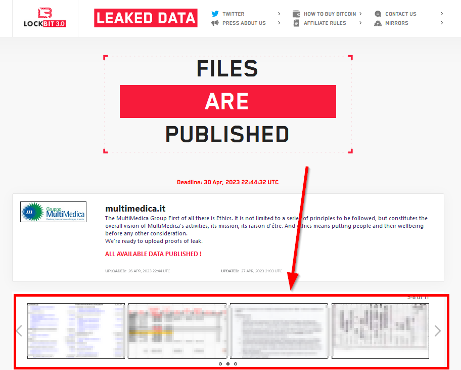 sample dei dati pubblicati sul leak site di Lockbit