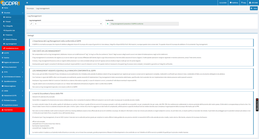 Log management introdotto nella piattaforma privacy GDPRlab